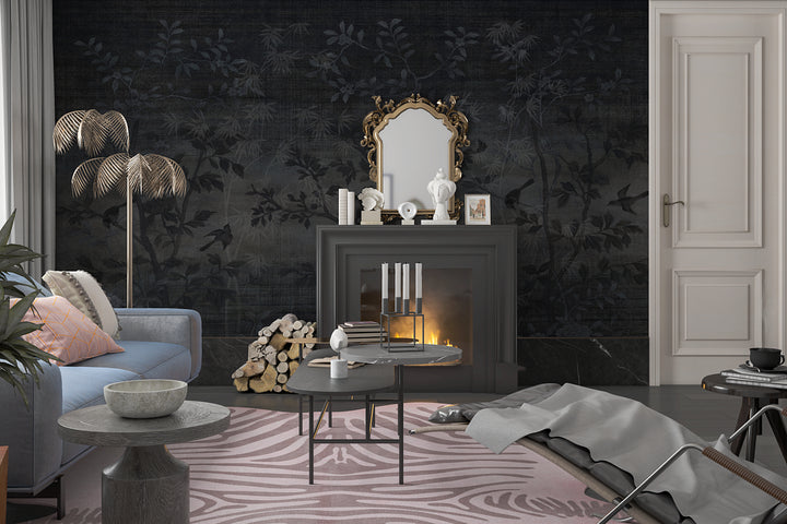 Dark Wall Art, Sketch Wallpaper, Dark Wallpaper, Tree Wall Mural, Luxury Mural, Floral Wall Art, Living Room Decal, Vintage Francy Mural