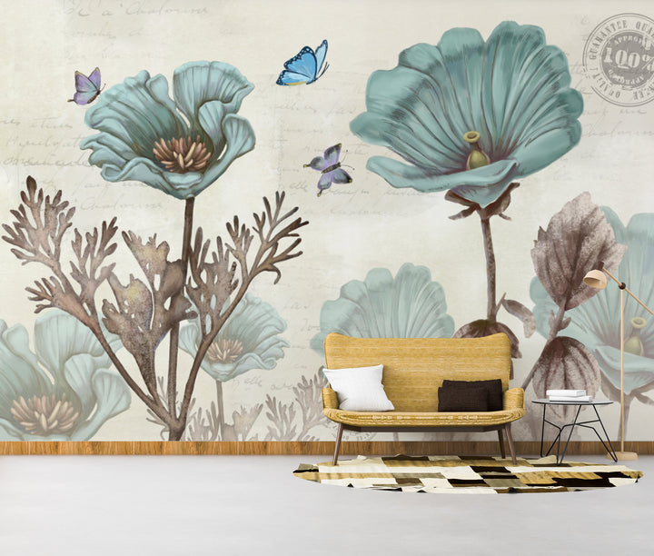 Blue floral wallpaper, Vintage botanical wall art, Peel and stick wallpaper, Living room decor ideas, Bedroom wall decor, Butterfly wall art, Elegant floral prints, Self adhesive wallpaper, Affordable home decor, Modern farmhouse decor
