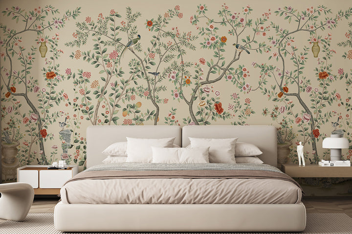 Vintage Chinoiserie Floral Bird Removable Wall Mural , Oriental Decor, Peel And Stick, Scenic Decor, Floral Jungle Mural, Peonies Mural
