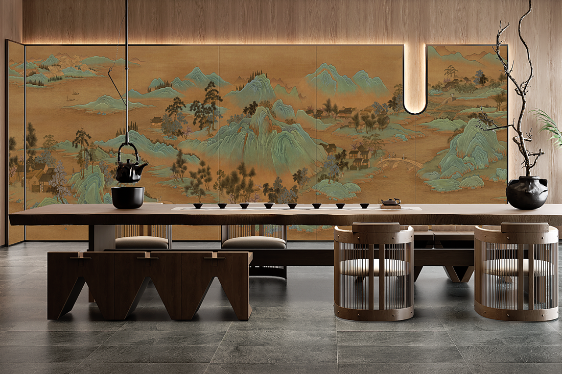 Vintage Chinoiserie Mural, Chinese Art Decor, Dark Wallpaper, Landscape Mural, Vintage Wallpaper, Mountain Wallpaper, Office Decor