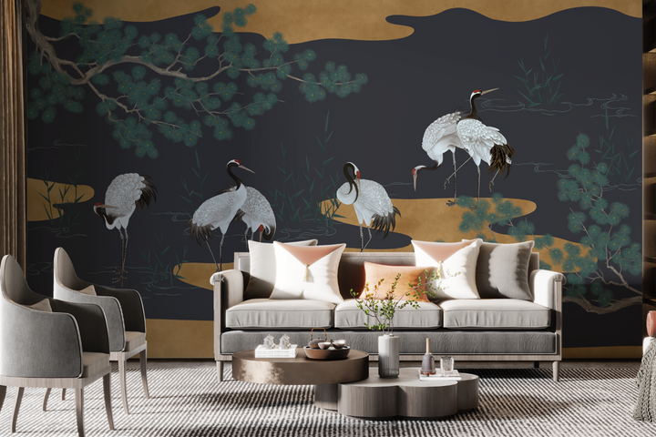 Blue Wall Decor, Dark Wall Mural, Vintage Chinoiserie, Peel And Stick, Oriental Decor, Bird Mural, Home Decoration, Living Room Mural