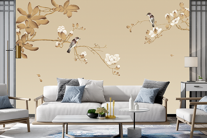 Chinoiserie Bird Wallpaper, Peel And Stick, Traditional Ink-Art Decor, Elegant Home Mural, Vintage-Inspired Wall Covering, Soft-Toned Design