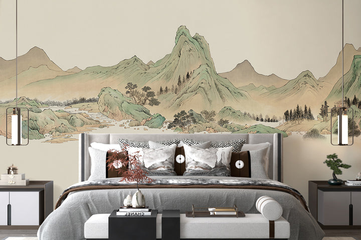 Vintage Chinoiserie Landscape Peel And Stick Wallpaper, Mountain Wall Mural, Peel And Stick, Ideal For Living Room/Study, Oriental Decor