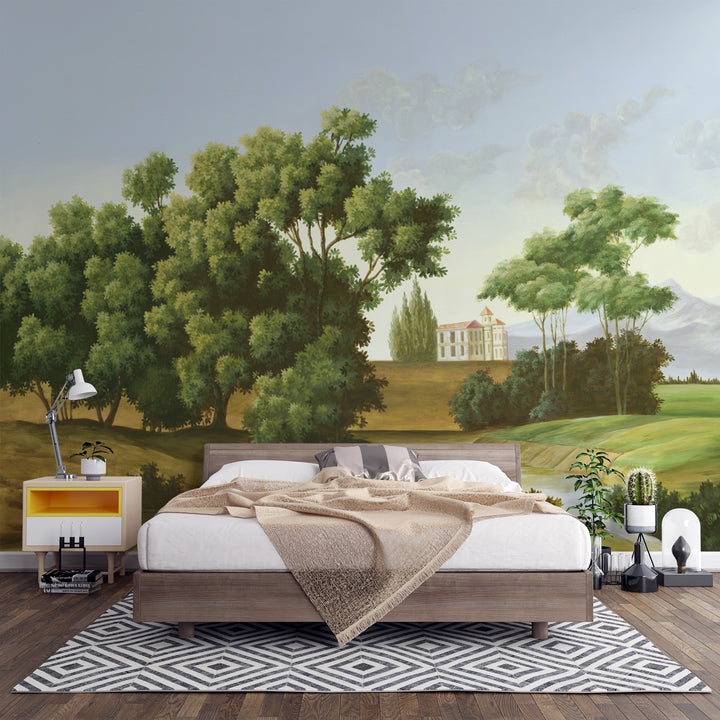 Scenic Nature Wallpaper, Tranquil Landscape Wall Art, Serene Forest Mural, Peaceful River View, Green Botanical Wall Decor, Large Canvas Wall Art, Living Room Wallpaper, Peel and Stick Wallpaper