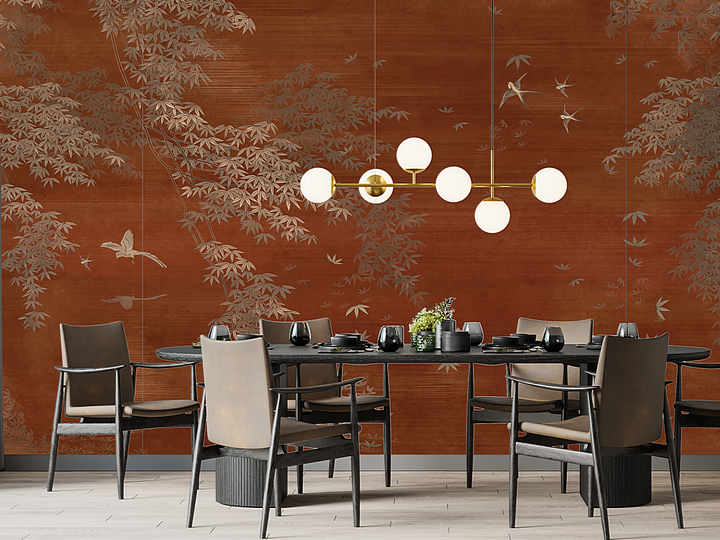 Dark Wall Mural, Blue Wall Decor, Living Room Mural, Room Decor, Oriental-Style Bamboo-Bird Mural, Traditional Ink-Painting Wallpaper