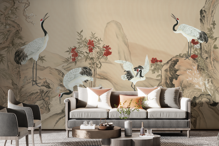 Vintage Chinoiserie Landscape Wallpaper, Oriental Decor, Bird Mural, Watercolor Floral, Fabric Wallpaper, Watercolor Mural, Pastel Mural