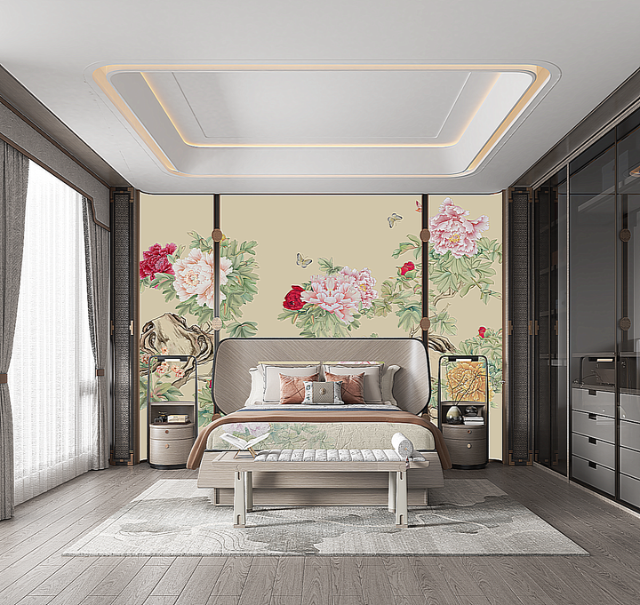 Chinoiserie Peony Mural, Ink-Wash Art Wallpaper, Hand-Painted Texture, Vintage Floral Scenic, Peel And Stick Decor, Elegant Living Room Wall
