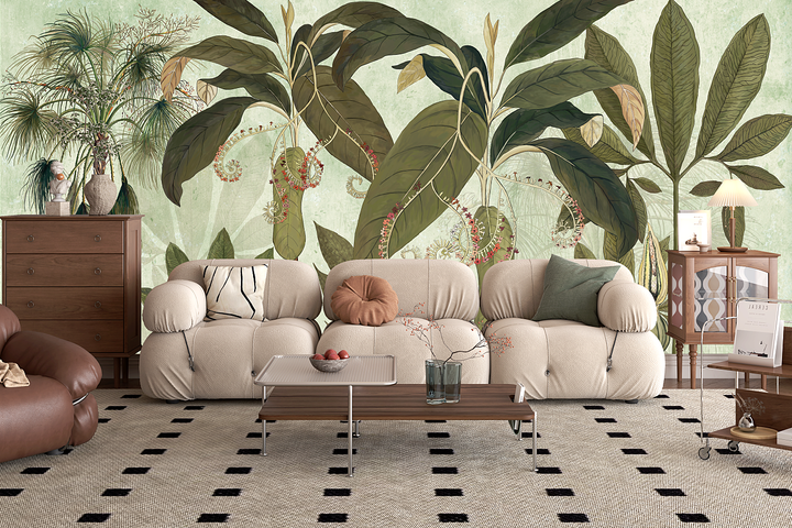Tropical Botanical Wall Mural, Peel And Stick Wallpaper, Vintage-Style Plant Decor, Green Leafy Design, Removable Wallpaper, Tree Wallpaper
