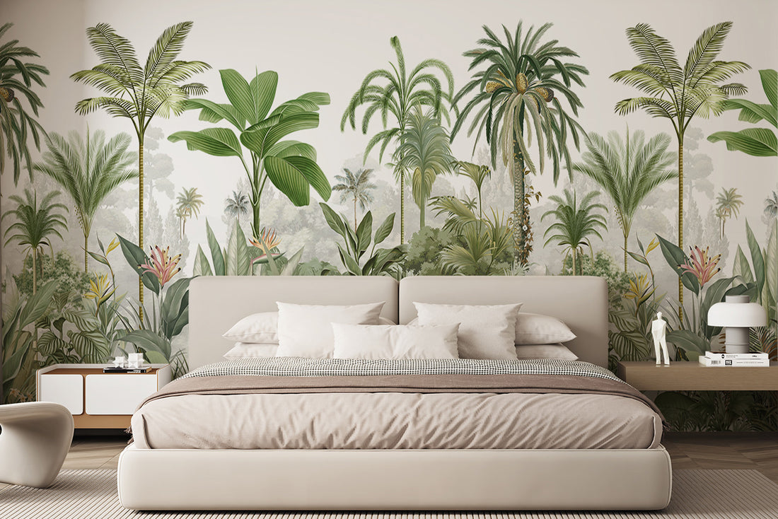 Tropical Jungle Peel And Stick Mural, Botanical Decor, Wild Forest Wallpaper, No-Woven Forest Wallpaper, Green Theme, Trees Wallpaper