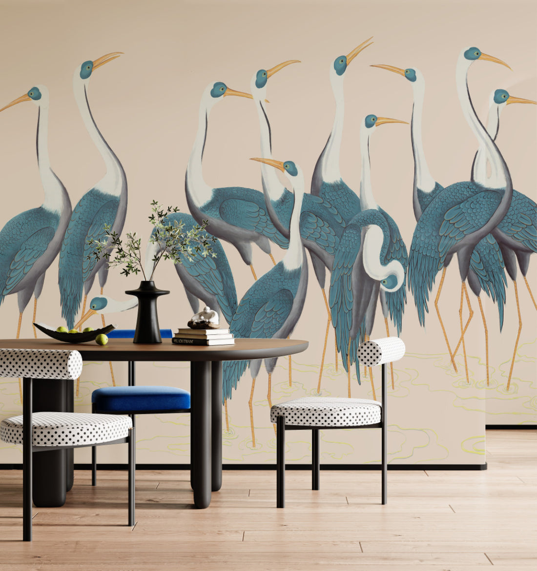 Blue and White Crane Wallpaper, Elegant Peel and Stick Wallpaper, Nature-Inspired Wall Decor, Living Room Wall Art, Modern Farmhouse Decor