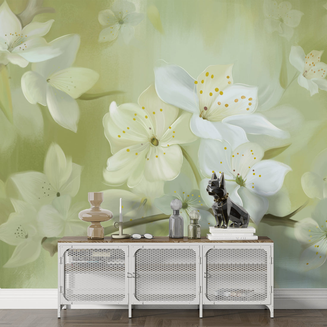 White Floral Peel and Stick Wallpaper, Spring Blossom Self Adhesive Wallpaper, Modern Living Room Decor, Bedroom Wall Decor Ideas, Botanical Wall Art