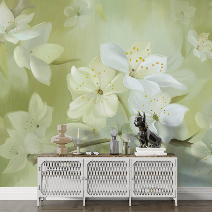 White Floral Peel and Stick Wallpaper, Spring Blossom Self Adhesive Wallpaper, Modern Living Room Decor, Bedroom Wall Decor Ideas, Botanical Wall Art