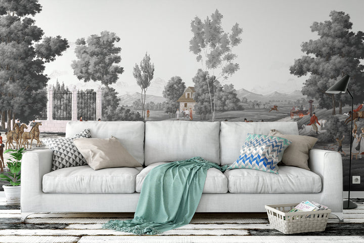 Classic Equestrian Wallpaper, Vintage Outdoor Scene Wall Mural, Historical Horseback Riding Wall Art, Luxury Home Decor, Peel and Stick Wallpaper for Living Room