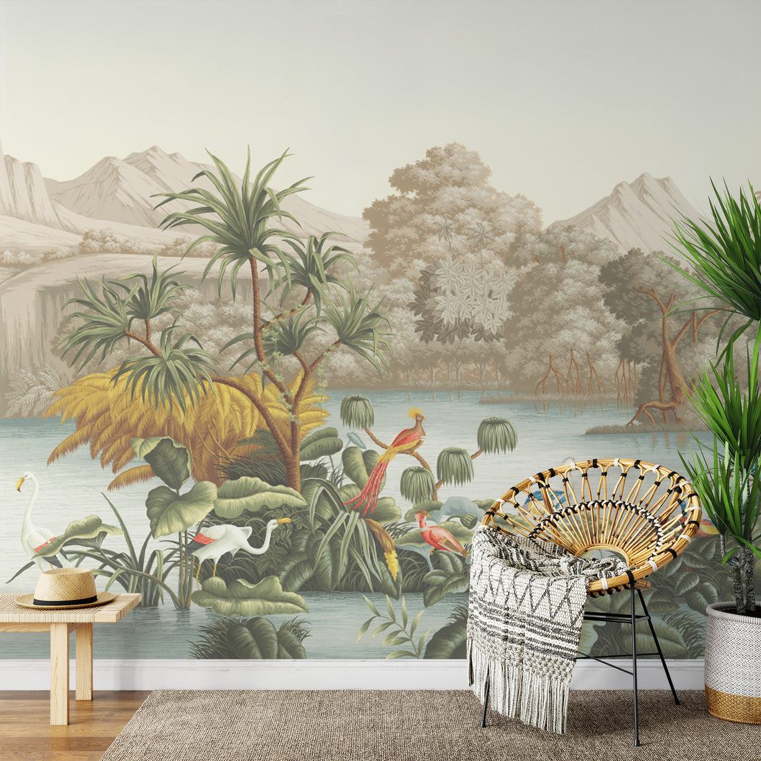 Tropical Paradise Wallpaper, Peel and Stick Wallpaper, Nature-Inspired Wall Decor, Living Room Wallpaper, Bird and Palm Tree Design, Self Adhesive Wallpaper