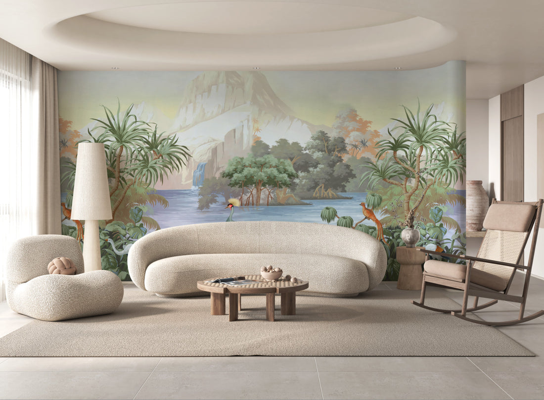Tropical Landscape Wallpaper, Serene Mountain Scene, Lush Palm Trees, Calm Water Reflection, Vibrant Birdlife, Nature-Inspired Decor, Peel and Stick Wallpaper, Living Room Wall Decor Ideas, Modern Interior Design