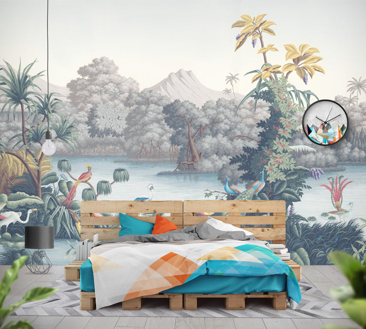 Tropical Paradise Wallpaper, Peel and Stick Wallpaper, Nature-Inspired Wall Decor, Living Room Wallpaper, Bird and Palm Tree Design, Self Adhesive Wallpaper