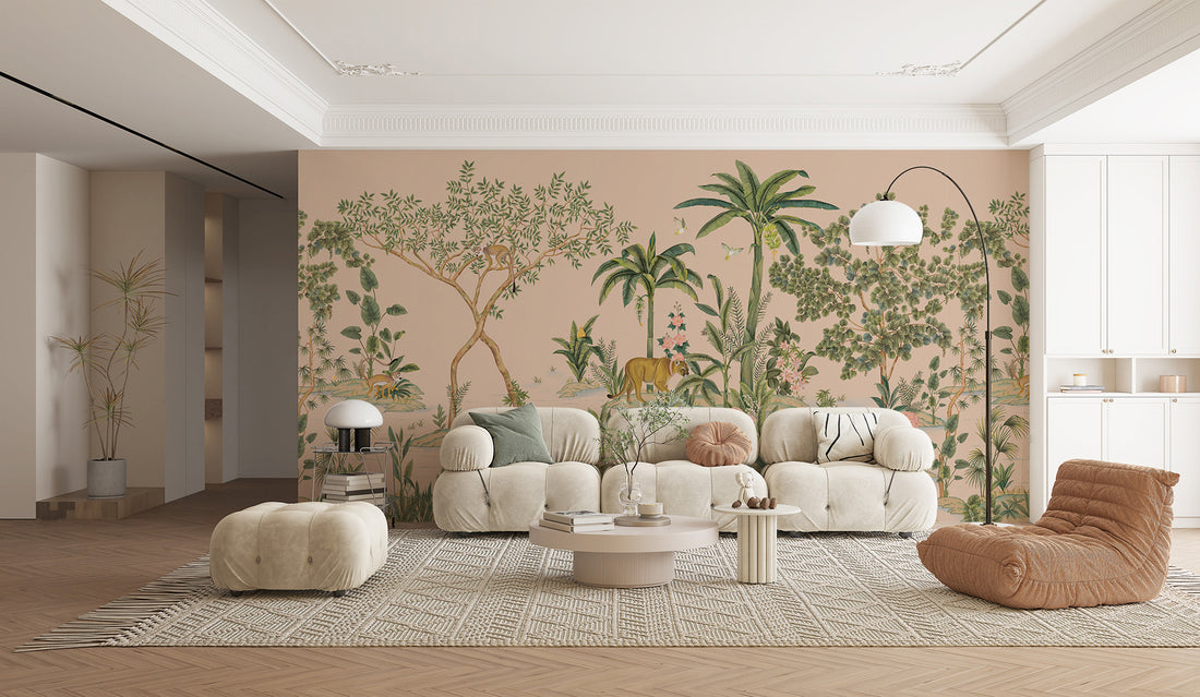 Tropical Jungle Wallpaper, Hand-Painted, Animal-Filled, Forest Wallpaper, Bedroom Wallpaper, Wall Mural Safari, Peel And Stick Wallpaper