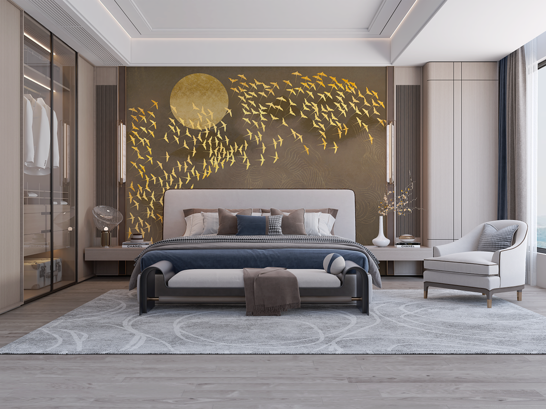 Chinoiserie Removable Wall Mural, Oriental Golden Birds & Moon Removable Wall Mural, Dark Wall Mural, Abstract Mural, Living Room Mural