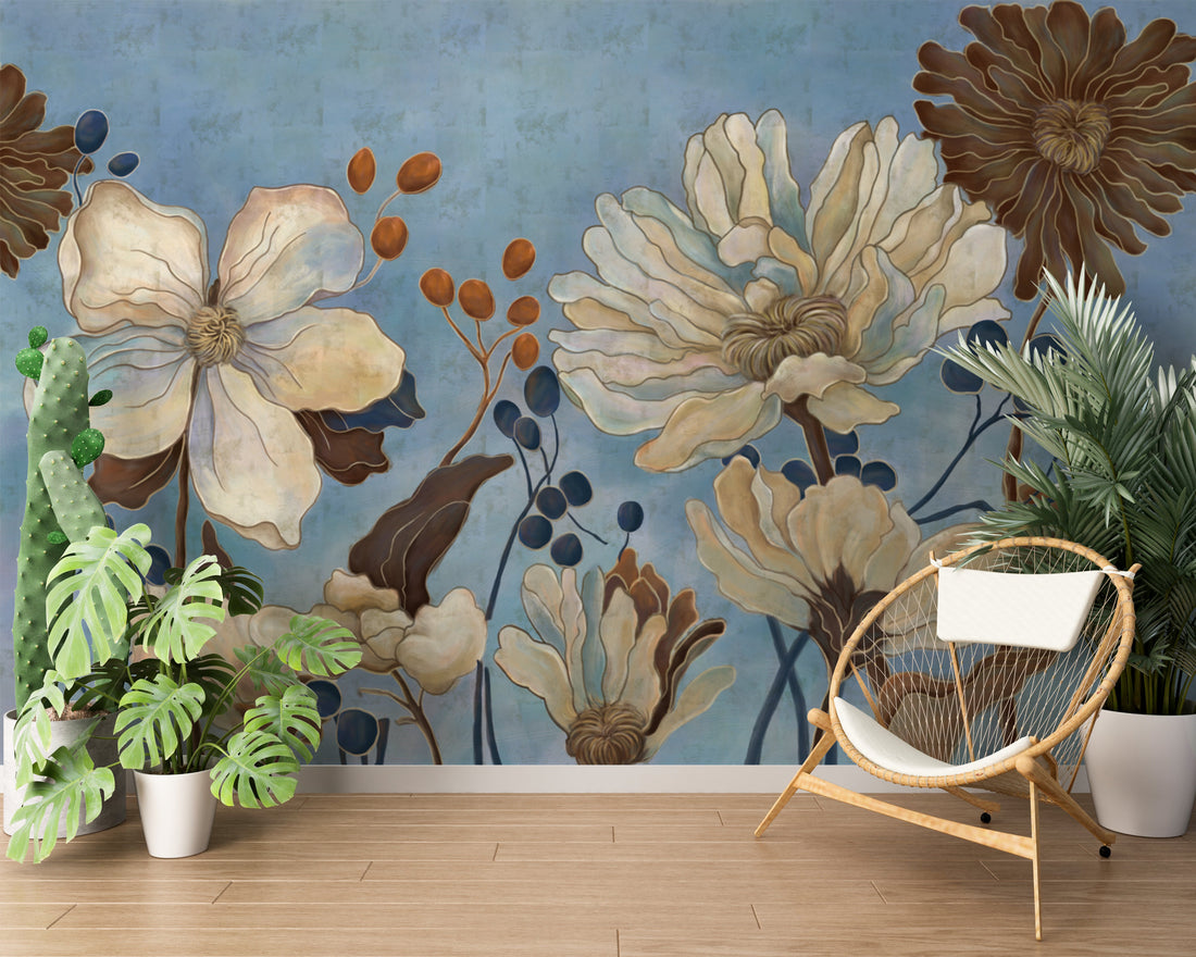 Floral Peel and Stick Wallpaper, Botanical Wall Art for Living Room, Blue and Gold Wallpaper, Large Canvas Wall Art, Modern Farmhouse Decor, Affordable Home Decor