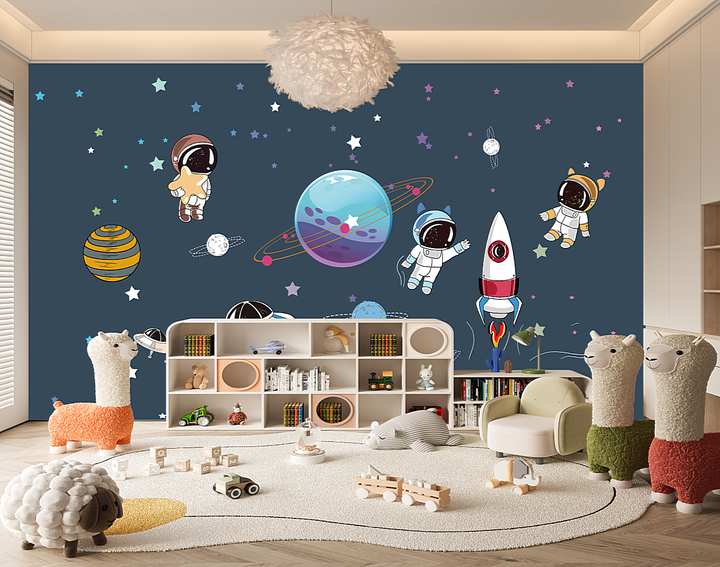 Kids Room Wallpaper, Fabric Mural, Ideal For Bedroom/Living Room, Chinoiserie Mural, Cartoon Space Adventure Removable Wall Mural