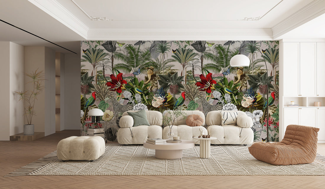 Floral Wall Art, Room Decoration, Animal Wallpaper, Jungle Theme Mural, Green Theme, Forest Wall Mural, Fabric Or Non-Waven, Tree Wallpaper