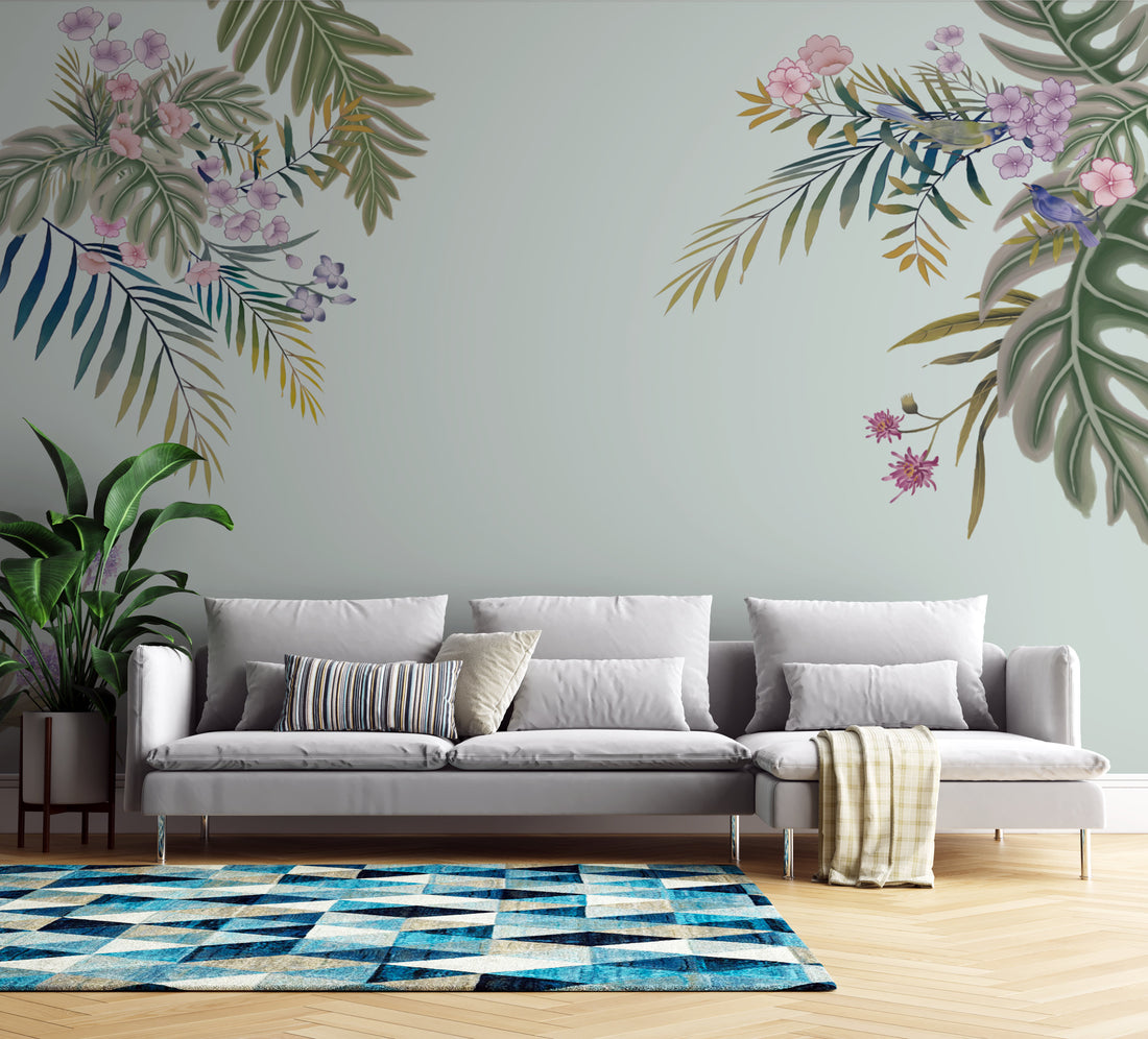 Floral Peel and Stick Wallpaper, Tropical Botanical Wall Decor, Blue and Green Leaf Design, Pink Flower Wall Art, Self Adhesive Wallpaper, Nature Inspired Living Room Decor