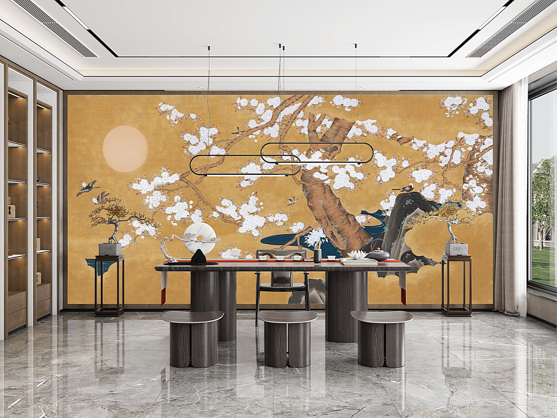 Chinoiserie Oriental-Style,Moon-Blossom Mural, Traditional Wallpaper, Peel And Stick Wallpaper,Serene Living Room/Bedroom Art Decor