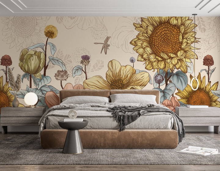 Floral Peel and Stick Wallpaper, Romantic Sunflower & Lotus Wall Decor, Warm Yellow & Pink Botanical Wallpaper, Self Adhesive Wallpaper for Living Room, Bedroom Design Ideas