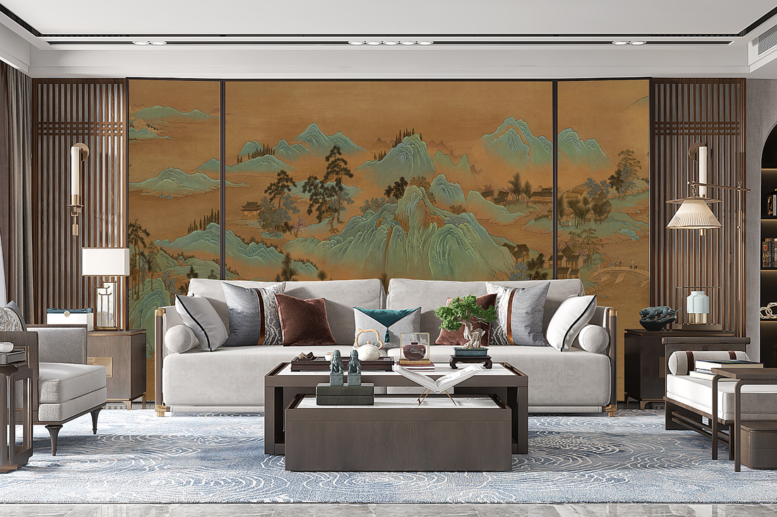 Vintage Chinoiserie Mural, Chinese Art Decor, Dark Wallpaper, Landscape Mural, Vintage Wallpaper, Mountain Wallpaper, Office Decor