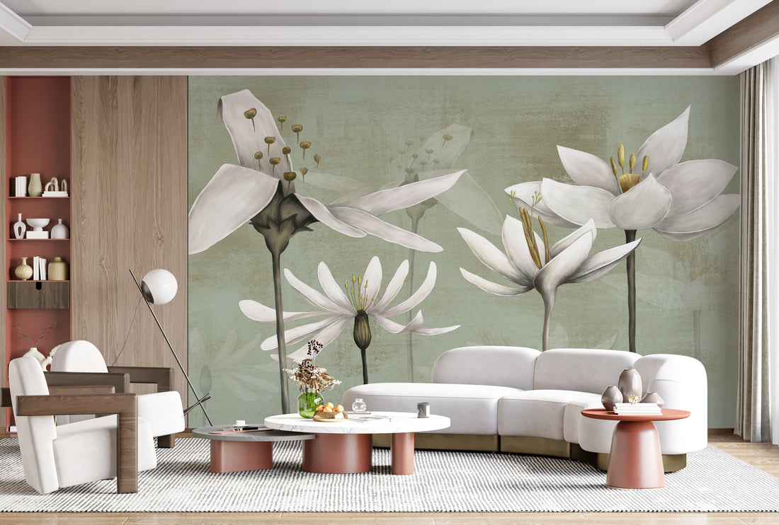 Floral Peel and Stick Wallpaper, White Lily Wall Decor, Botanical Wallpaper for Living Room, Self Adhesive Wallpaper, Green Floral Wallpaper, Nature Inspired Wall Art