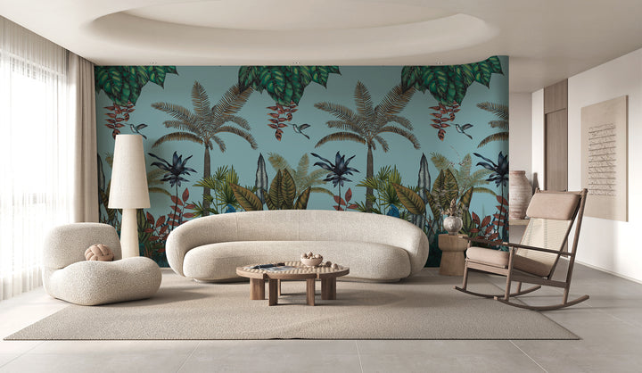 Black And White Wallpaper, Tropical Jungle Peel And Stick Mural, Botanical Decor, Wild Forest Wallpaper, Blue Wall Decor, Trees Wallpaper