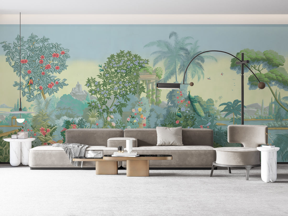 Lush Garden Peel and Stick Wallpaper, Tropical Botanical Wall Decor, Serene Floral Peel and Stick Wallpaper, Living Room Decor Ideas, Modern Farmhouse Decor