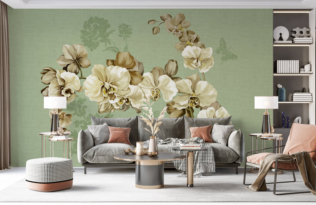 Traditional Floral Wallpaper, Elegant Orchid Design with Butterflies, Peel and Stick Wallpaper, Living Room Decor Ideas, Bedroom Wall Art, Self Adhesive Wallpaper, Modern Farmhouse Decor