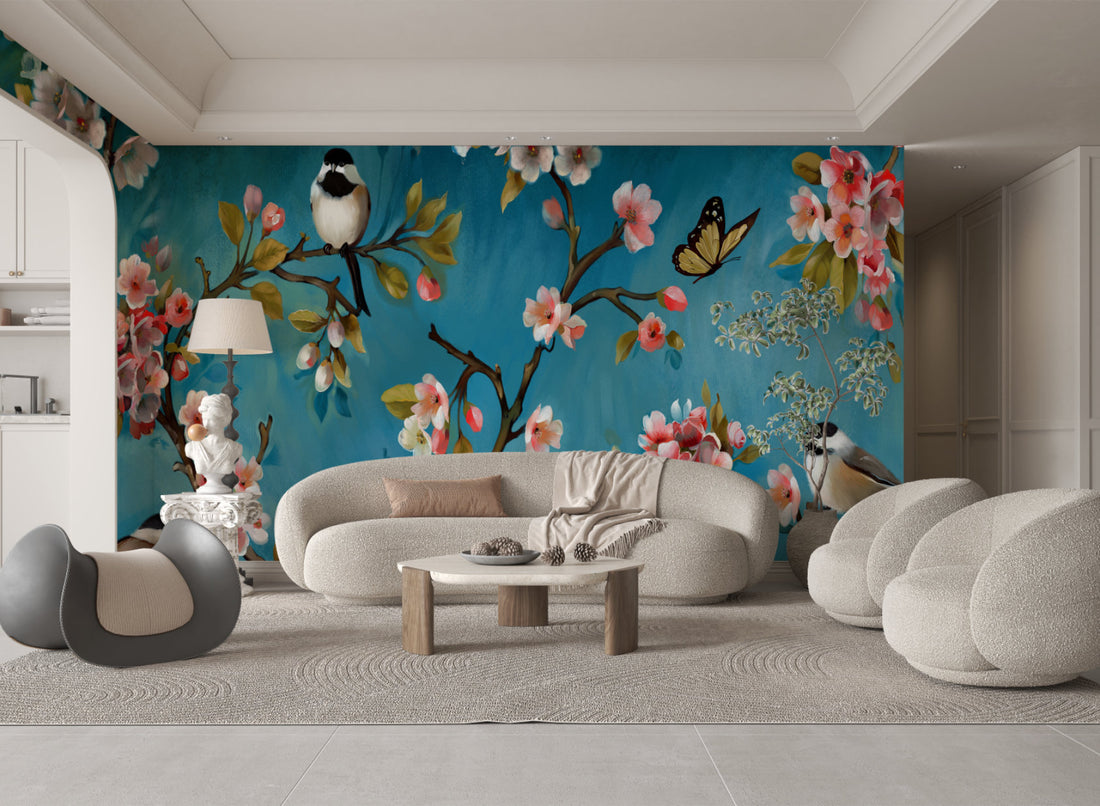 Nature Inspired Wallpaper, Beautiful Floral and Bird Wall Art, Blue Background Peel and Stick Wallpaper, Modern Living Room Decor Ideas, Large Canvas Wall Art, Self Adhesive Wallpaper for Bedroom