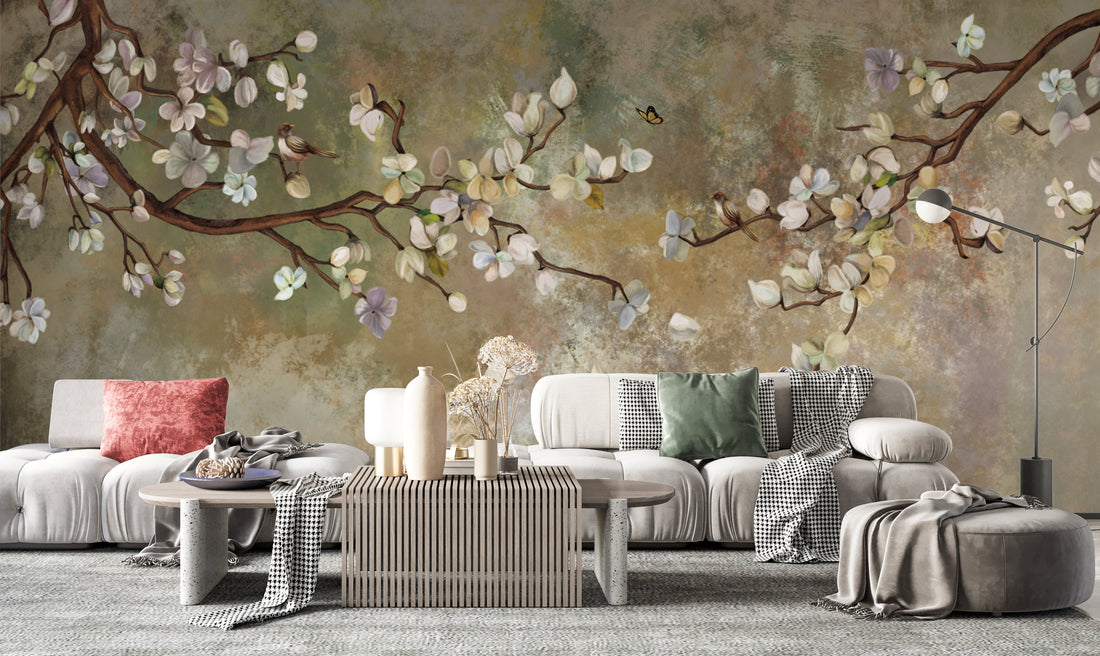 Cherry Blossom Wallpaper, Soft Floral Wall Decor, Living Room Wallpaper Ideas, Modern Peel and Stick Wallpaper, Bedroom Wall Art, Tranquil Nature Design