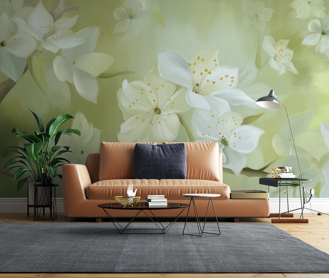 White Floral Peel and Stick Wallpaper, Spring Blossom Self Adhesive Wallpaper, Modern Living Room Decor, Bedroom Wall Decor Ideas, Botanical Wall Art