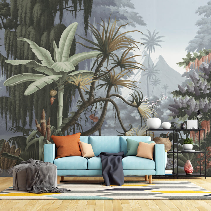 Tropical Rainforest Wallpaper, Lush Green Leaves Wall Art, Palm Tree Landscape Print, Botanical Wall Decor, Nature-Inspired Living Room Decor, Large Canvas Wall Art