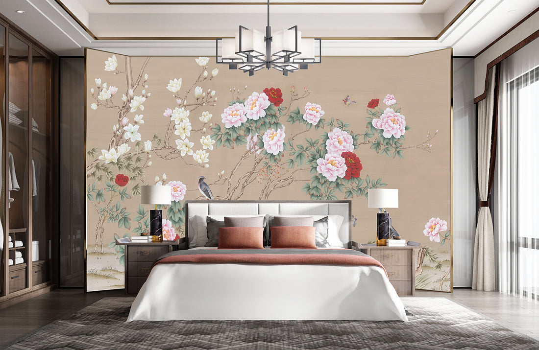 Chinese Traditional Floral Wallpaper, Peony and Magnolia Peel and Stick Wallpaper, Elegant Bird Wall Art, Self Adhesive Wallpaper for Living Room, Asian Inspired Wall Decor
