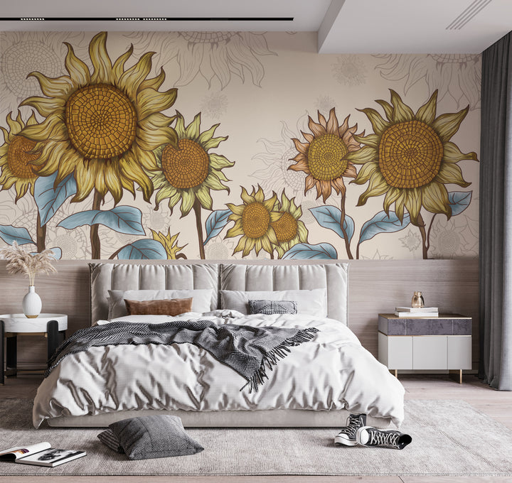 Sunflower Peel and Stick Wallpaper, Botanical Wall Decor, Floral Peel and Stick Wallpaper, Living Room Wall Decor Ideas, Modern Farmhouse Decor, Self Adhesive Wallpaper, Affordable Home Decor