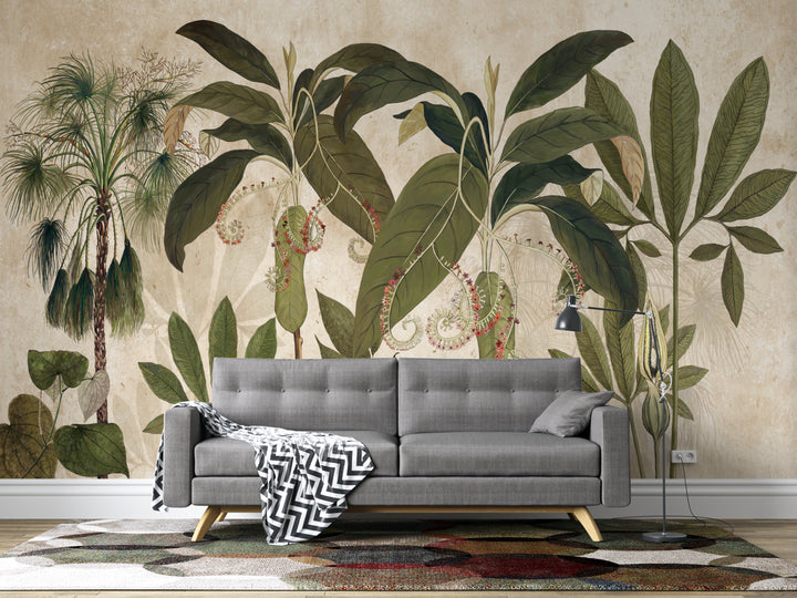 Botanical Wallpaper Design, Vintage Palm Leaf Wall Art, Peel and Stick Wallpaper, Green and Pink Floral Peel and Stick Wallpaper, Living Room Wall Decor, Interior Design Ideas for Living Room