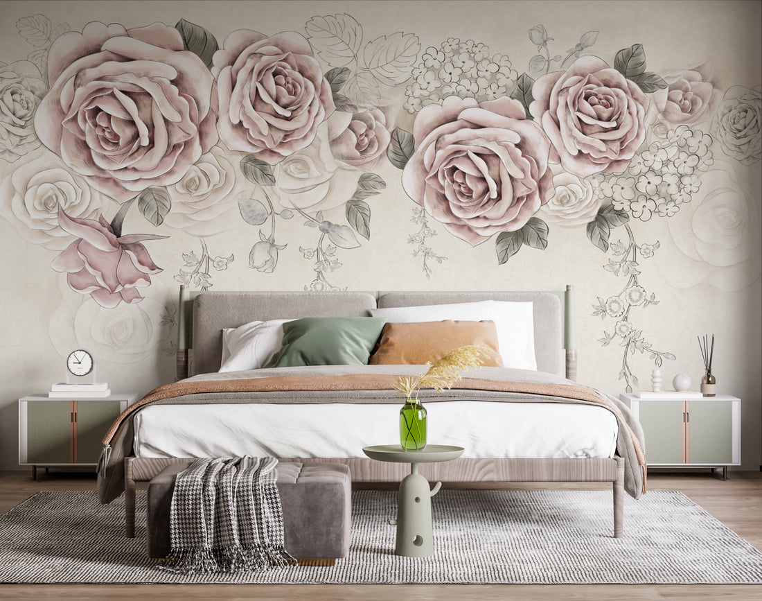 Floral Peel and Stick Wallpaper, Pink and Grey Roses, Elegant Living Room Decor, Romantic Bedroom Wallpaper, Self Adhesive Wallpaper, Modern Farmhouse Decor