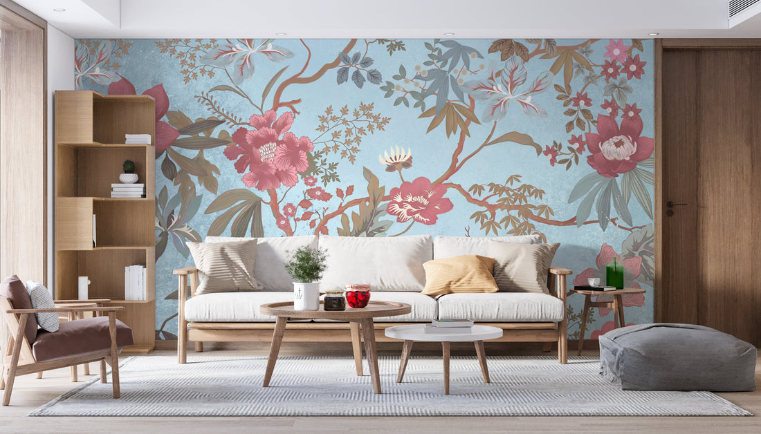 Floral Peel and Stick Wallpaper, Pink and Blue Botanical Wallpaper, Traditional Oriental Wall Art, Self Adhesive Wallpaper for Living Room, Bedroom Decor