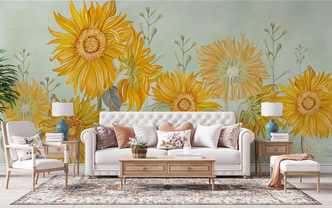 Sunflower Peel and Stick Wallpaper, Bright Yellow Floral Wall Decor, Living Room Wall Art, Modern Farmhouse Decor, Self Adhesive Wallpaper, Affordable Home Decor