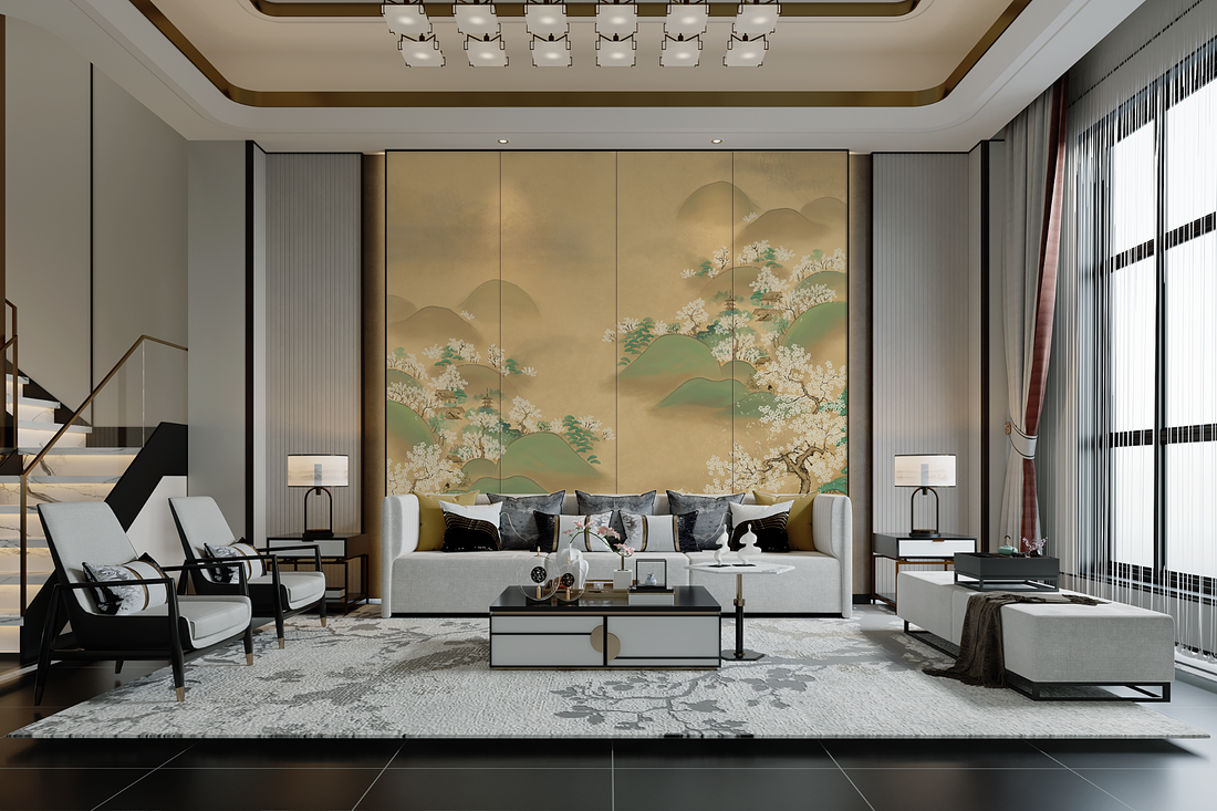 Vintage Chinoiserie Wallpaper, Landscape Peel And Stick Wallpaper, Mountain Wall Mural, Flower Mural, Botanical Wallpaper, Whimsical Mural