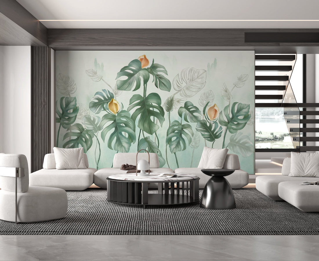 Botanical Peel and Stick Wallpaper, Tropical Leaf Wall Decor, Living Room Wallpaper Ideas, Self Adhesive Wallpaper, Modern Living Room Decor, Jungle Themed Wall Art, Relaxing Bedroom Wallpaper