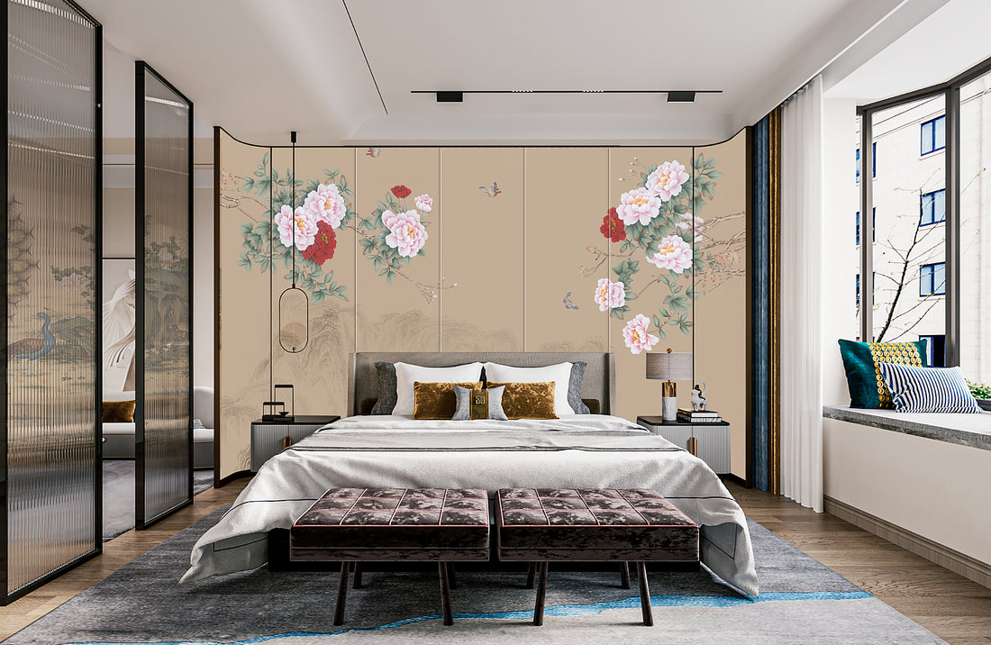 Traditional Chinese Floral Wallpaper, Peony and Bird Wall Art, Pastoral Landscape Wall Decor, Elegant Home Interior Design, Asian Inspired Wall Mural