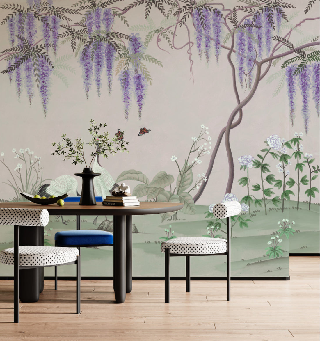 Chinese Ink Painting Wall Art, Elegant Crane and Wisteria Floral Canvas Print, Traditional Asian Home Decor, Serene Nature Landscape Artwork, Butterfly and Flower Wall Decor