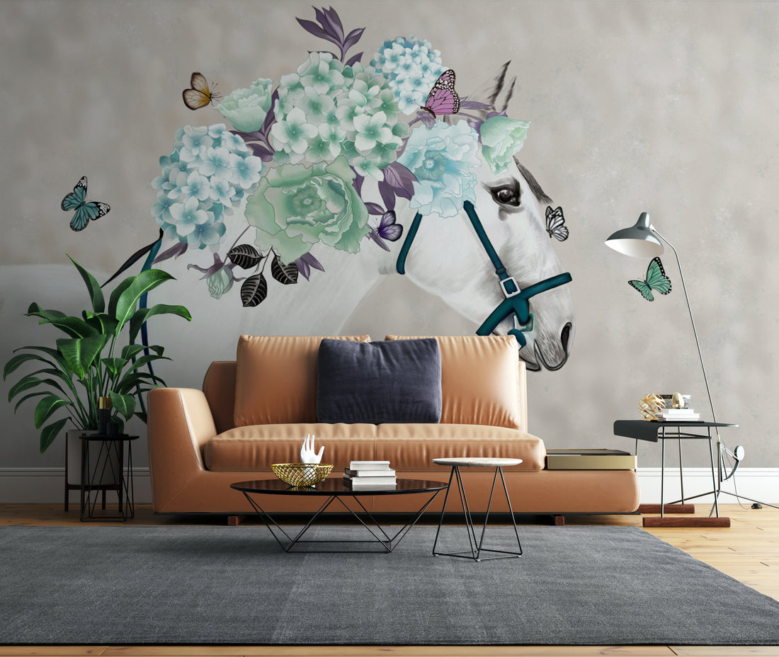 Serene Horse Floral Wallpaper, Peel and Stick Wallpaper for Living Room, Modern Wall Art for Living Room, Large Canvas Wall Art, Black and White Wall Art, Living Room Decor Ideas