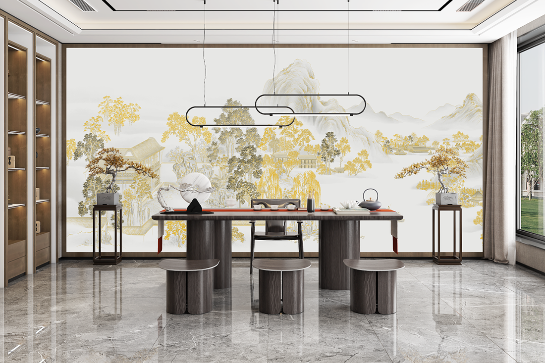 Luxury Wall Mural, Scenic Wall Art, Vintage Mural, Mountain Wall Mural, Living Room Mural, Chinoiserie Wallpaper, Landscape Mural