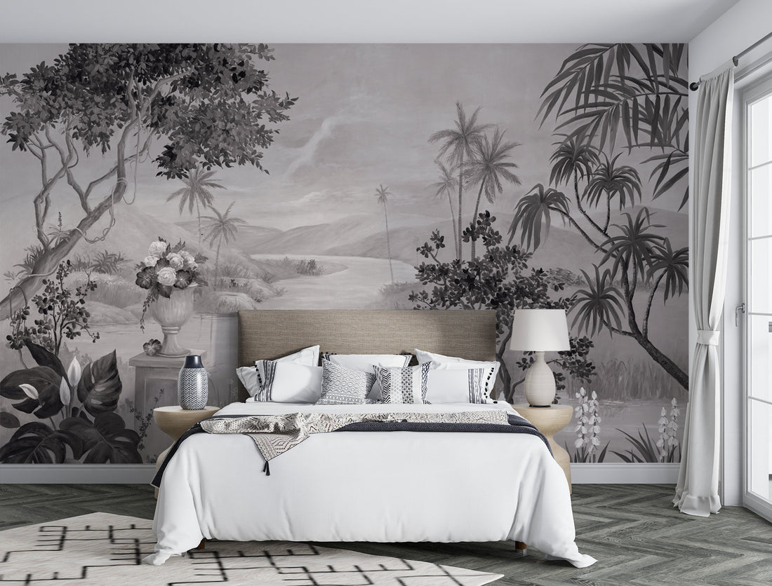 Monochrome Landscape Wallpaper, Traditional Ink Wash Design, Serene Nature Scenes, Peel and Stick Wallpaper, Living Room Wall Decor, Black and White Wall Art, Large Canvas Prints